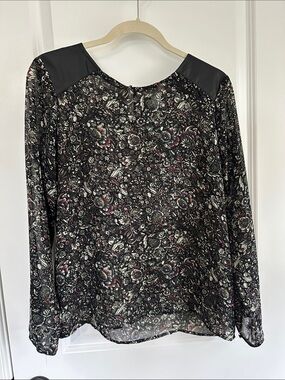 Floral Sheer Long-Sleeve Blouse - Black with Pink Accents